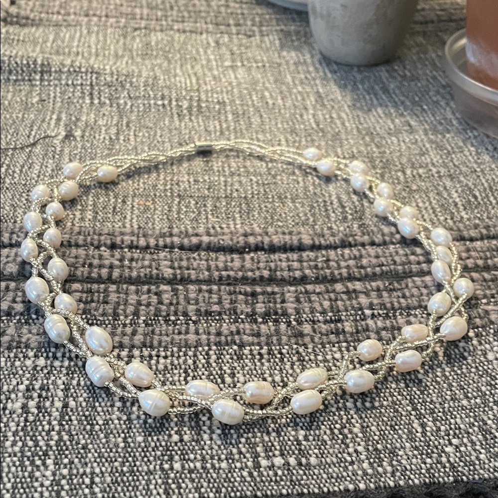Elegant Three Strand Silver and White Pearl Necklace
